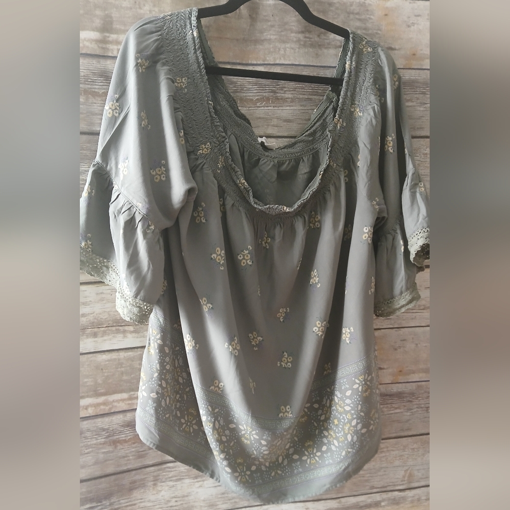 Women's Blouse in Olive Floral Pattern, Boho, Off Shoulder